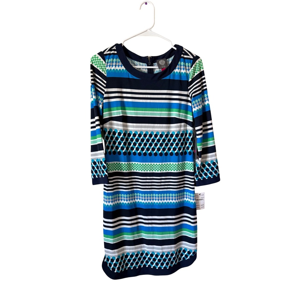 NWT Vince Camuto Women Blue Green Striped Polka Dot 3/4‎ Sleeve Dress Size 4